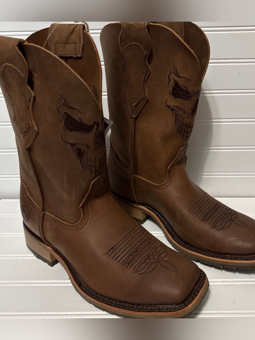 DOUBLE H Stockman Ice Roper Skull Face Leather Cowboy Boots Mens Size 8 EE NEW
